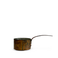 Aged copper pot with short curved handle and dark patina finish