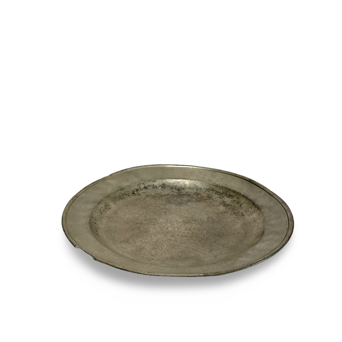 Antique pewter oval platter with raised rim, dark weathered finish