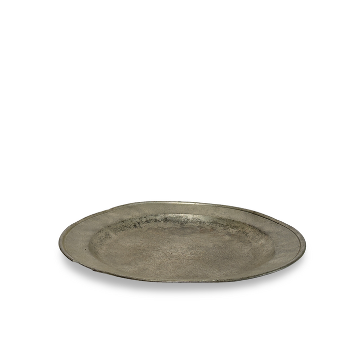 Antique pewter oval platter, shallow dish with raised edge and weathered sheen