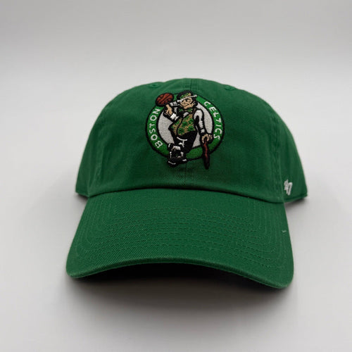 Green 47 Brand Boston Celtics mascot clean-up adjustable hat with embroidered Celtics logo and curved brim.