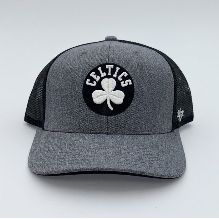 Gray and black 47 Brand Boston Celtics mesh snapback trucker hat with NBA logo and adjustable snap closure.