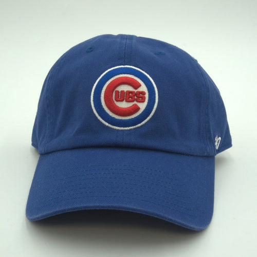 '47 Brand Chicago Cubs adjustable blue baseball hat with team logo, OSFA fit, showing front view with adjustable strap