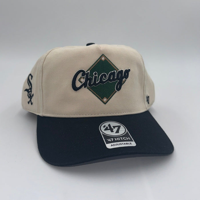 47 Brand Chicago White Sox adjustable hat in natural and black with embroidered team logo, OSFA fit, front view