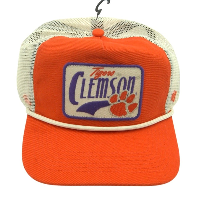 Orange and cream 47 Brand Clemson Tigers trucker hat with mesh back and adjustable strap, featuring team logo front.