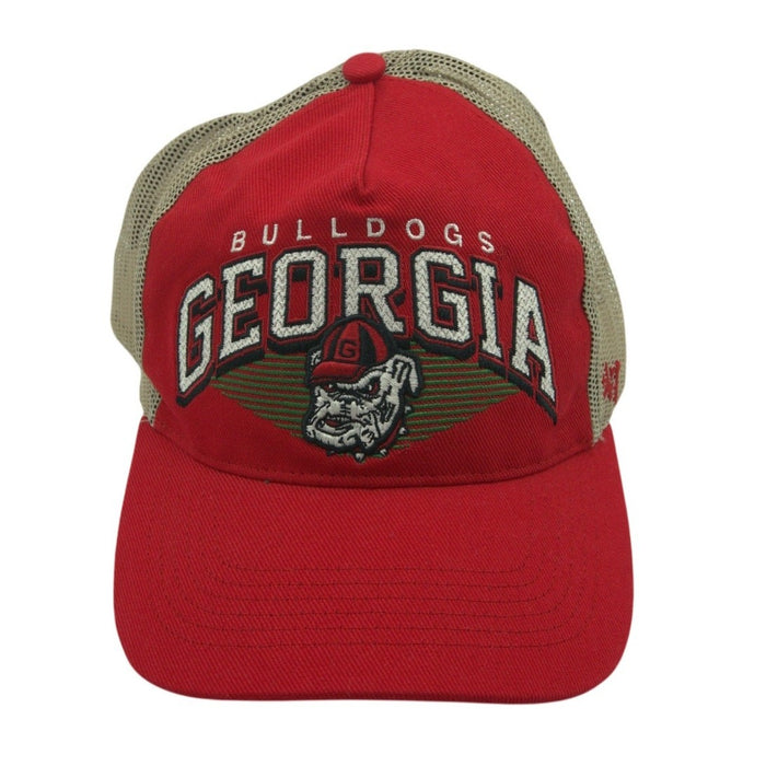 ’47 Brand Georgia Bulldogs trucker hat in red and khaki with adjustable snapback and team logo front panel.