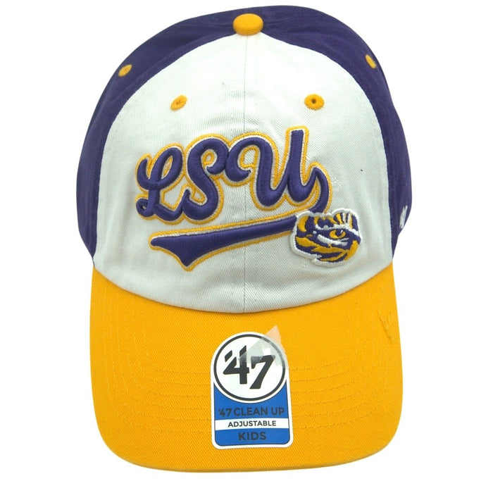 Kids' 47 Brand LSU Tigers purple and gold adjustable baseball hat with team logo and curved brim.