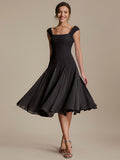 A-Line Midi Cap Sleeve Wedding Guest Dress #color_Black