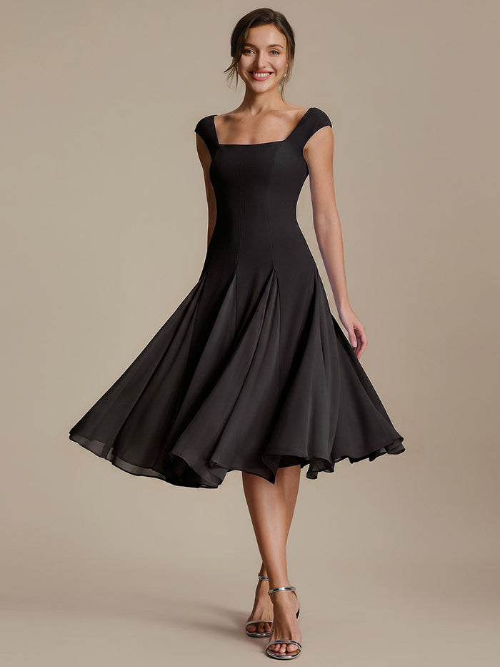 A-Line Midi Cap Sleeve Wedding Guest Dress #color_Black