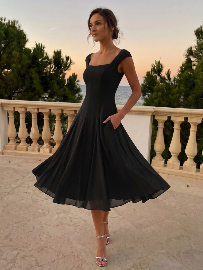 A-Line Midi Cap Sleeve Wedding Guest Dress #color_Black