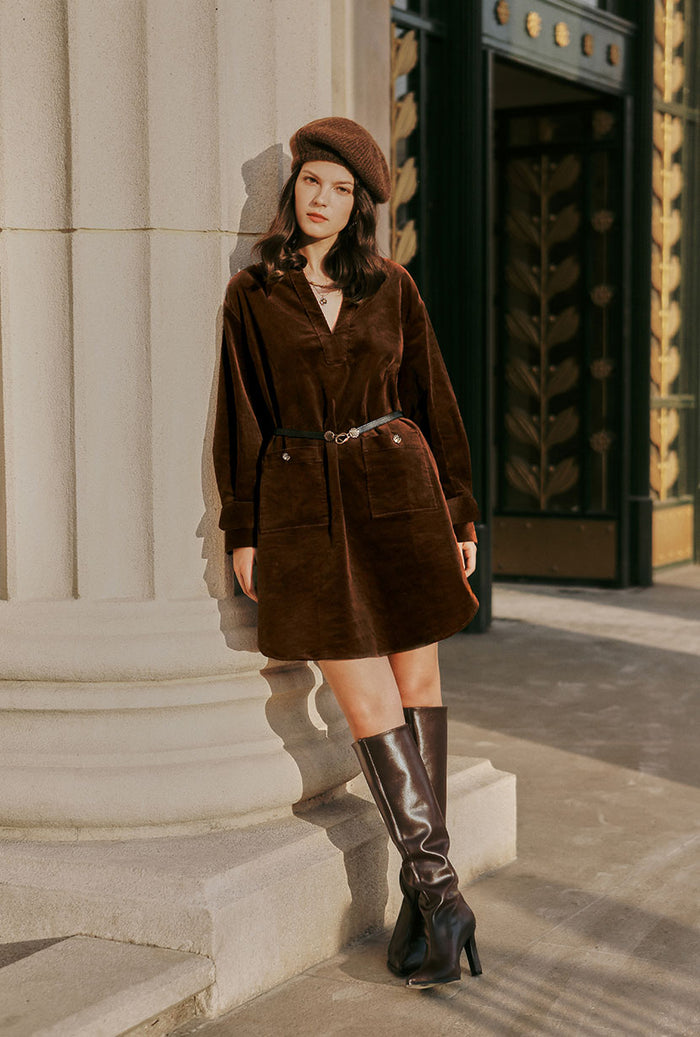 Petite Studio's Abby Corduroy Dress in Brown