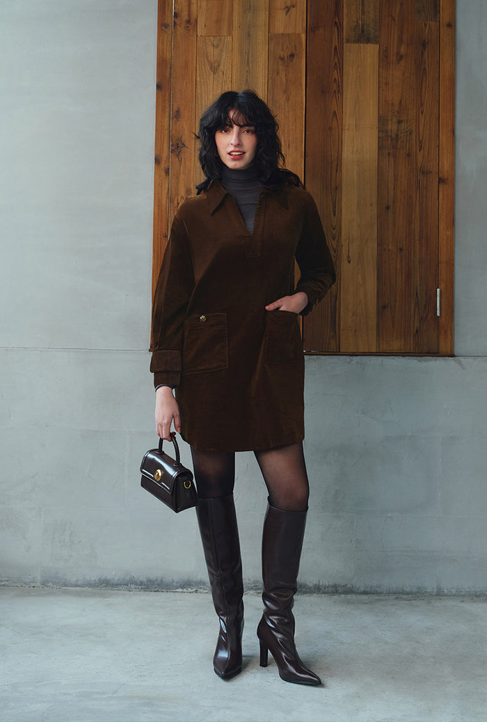 Petite Studio's Abby Corduroy Dress in Brown