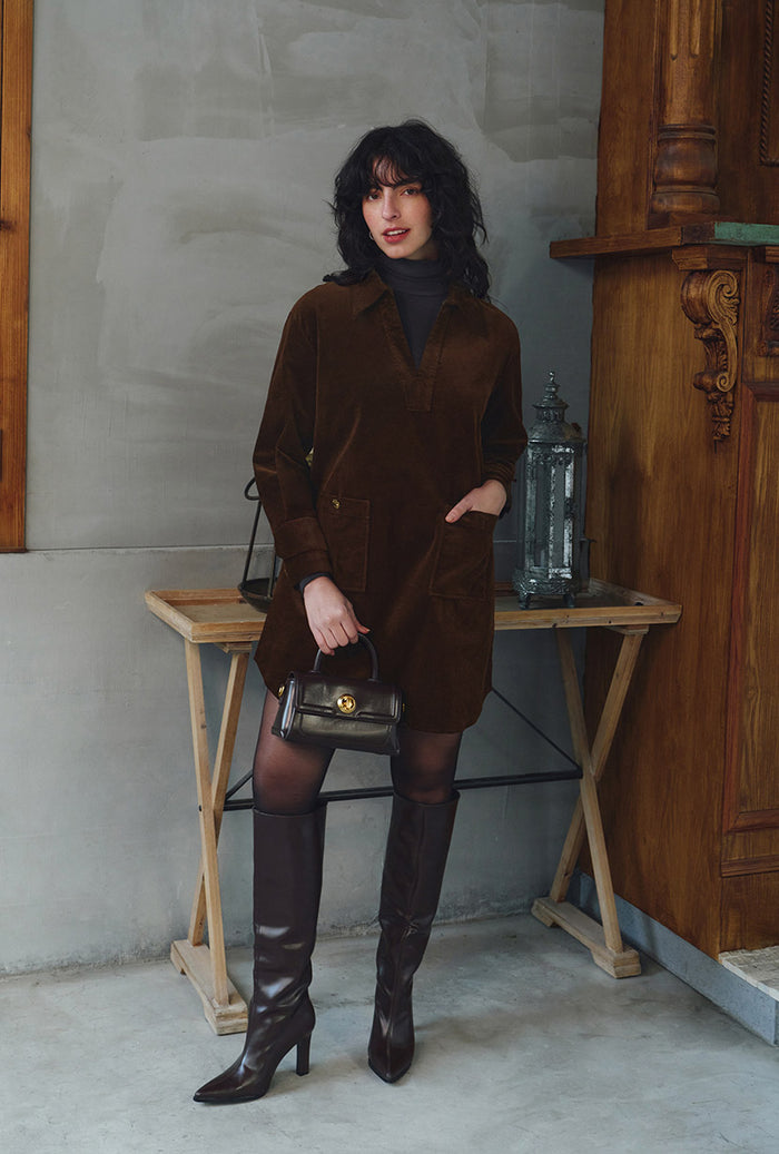 Petite Studio's Abby Corduroy Dress in Brown