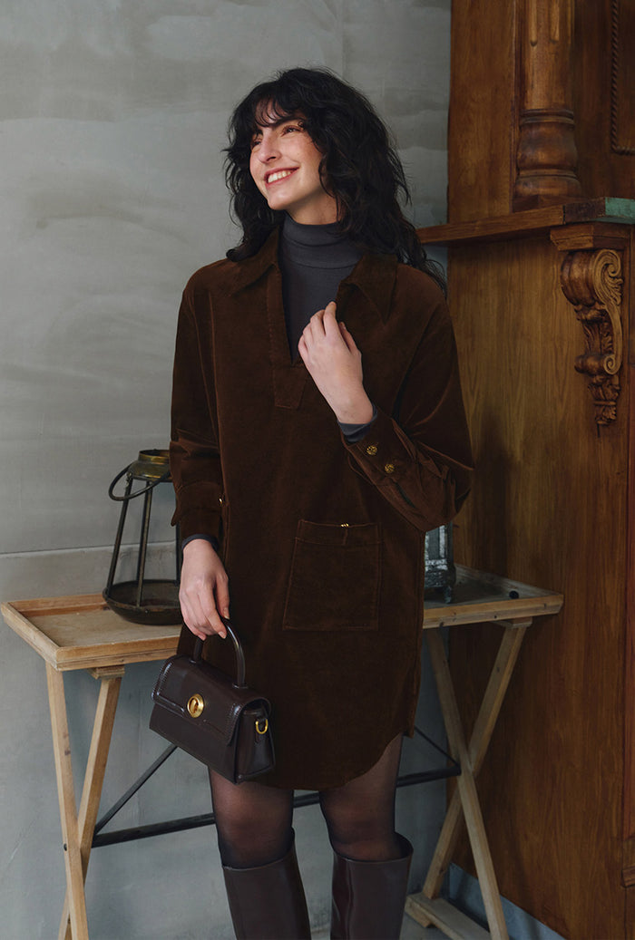 Petite Studio's Abby Corduroy Dress in Brown