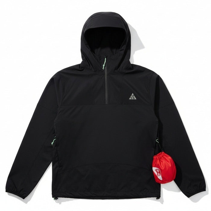 Nike ACG Trail Snacks Storm-FIT ADV men's jacket in black, lightweight waterproof jacket with Nike branding and adjustable hood.