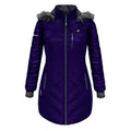 ActionHeat 5V heated long puffer jacket with hood for women in indigo, size XS, featuring insulated design and front zipper.