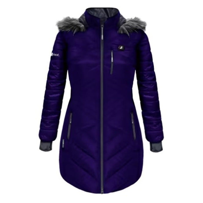 ActionHeat 5V heated long puffer jacket with hood for women in indigo, size XS, featuring insulated design and front zipper.