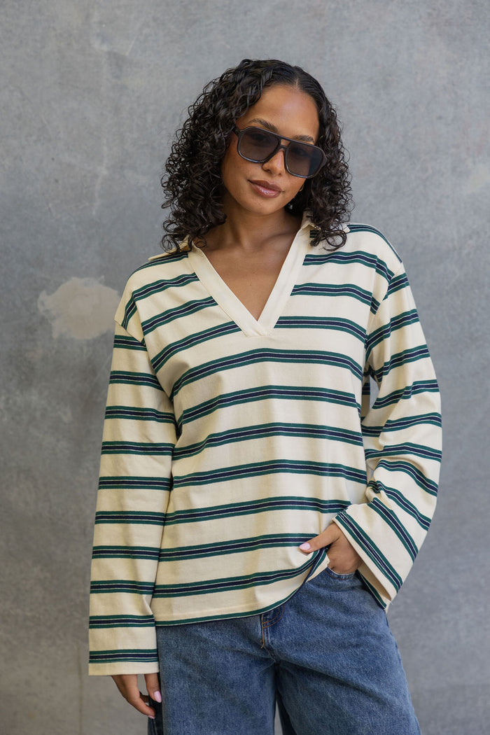 Addison Rugby Polo Top - Cream, Green & Navy Stripes