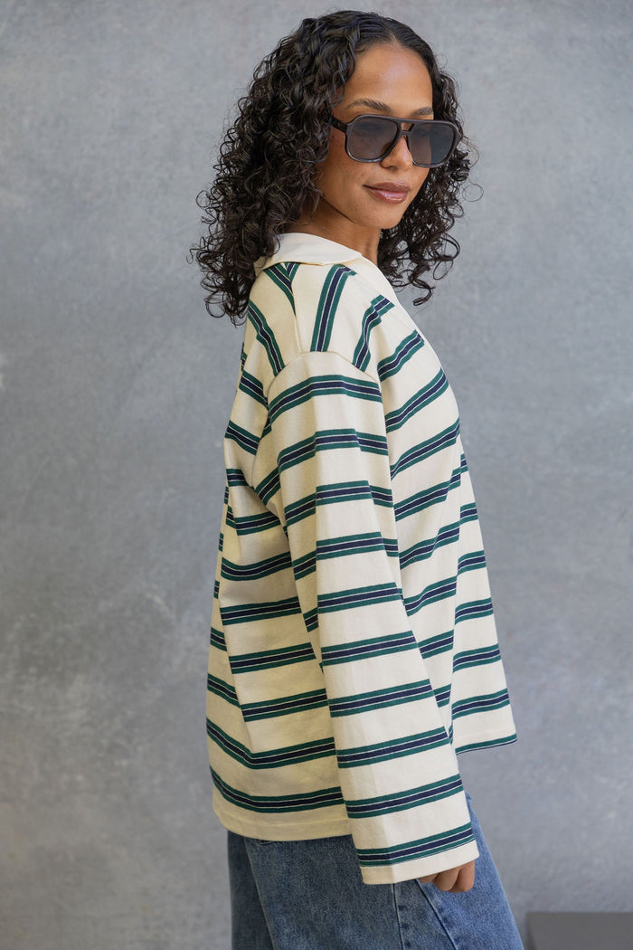 Addison Rugby Polo Top - Cream, Green & Navy Stripes