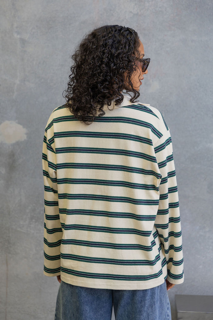 Addison Rugby Polo Top - Cream, Green & Navy Stripes