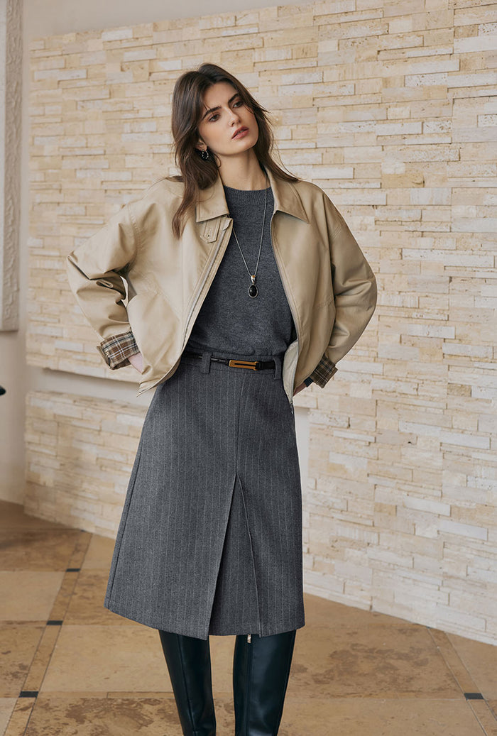 Petite Studio's Adriana Wool Skirt in Grey Striped