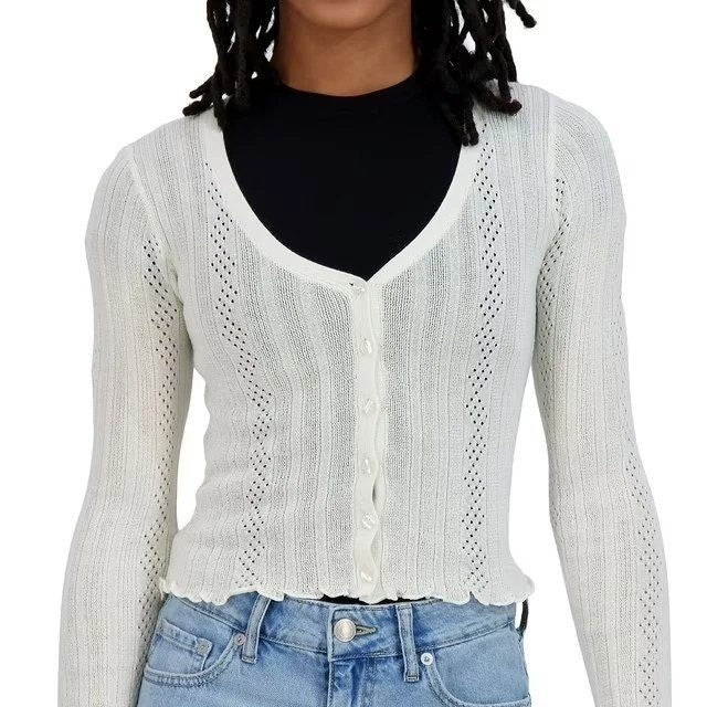 Aeropostale cropped scalloped cardigan sweatshirt in soft knit with scalloped hem and long sleeves, on a hanger.