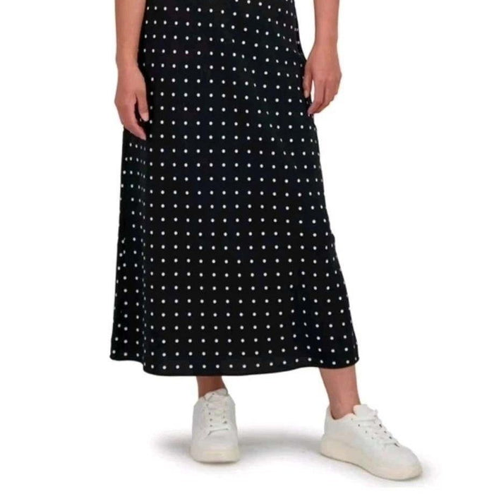 Black polka dot maxi slip skirt for women by Aeropostale, featuring a flowing design and comfortable fit.