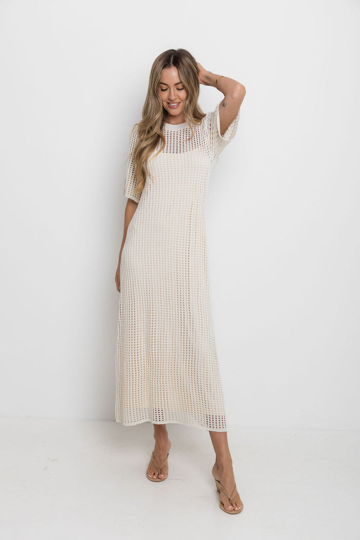 Airlie crochet midi dress in natural, open-weave knit midi dress with short sleeves, styled with thong heeled sandals