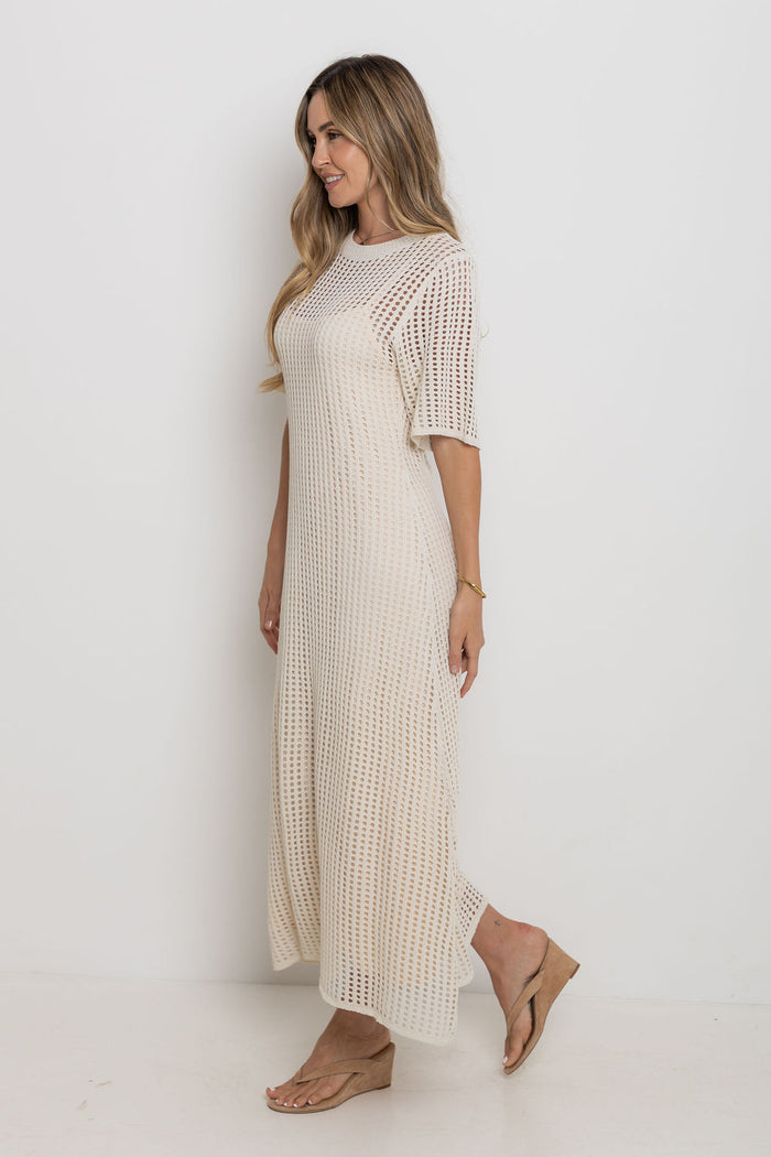 Airlie crochet midi dress in natural, open-weave knit midi dress with short sleeves, styled with thong heeled sandals