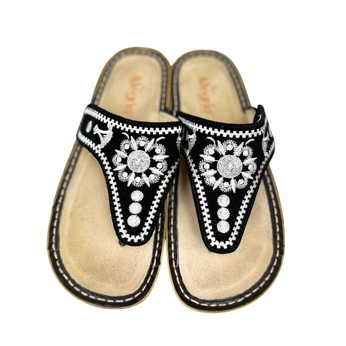 Alegria Women's Vanessa Thong Sandal in black with mandala design, showcasing the stylish and comfortable sandal style.