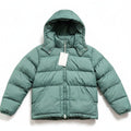 Men's Alpine Design puffer jacket parka in green, water-repellent, with a hood and quilted design, size small.