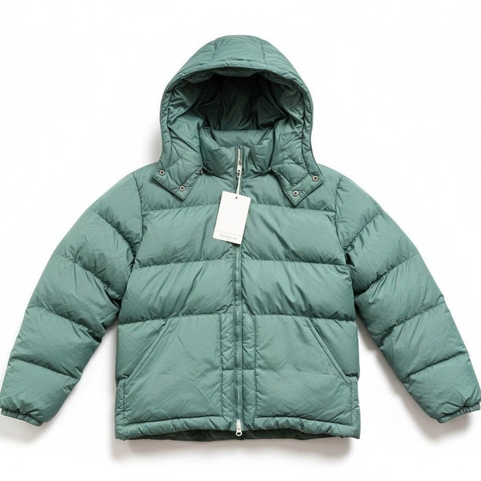 Men's Alpine Design puffer jacket parka in green, water-repellent, with a hood and quilted design, size small.