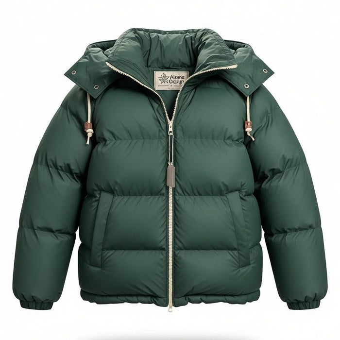Men's green Alpine Design puffer jacket parka with water-repellent fabric, size small, featuring a hood and insulated design.