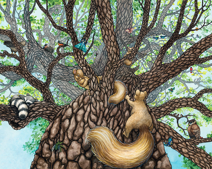 Animal Fortress.  Signed fine art print on archival watercolor paper.   The original watercolor painting by created by Jessica Waterstadt of Farmington, Mich., for the children's picture book, The Acorn & the Oak.