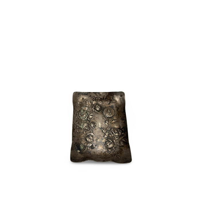 Antique handmade metal dish, square shape with embossed floral roses and scrolls