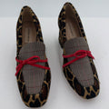Antonio Melani leopard print sheared lamb fur flats with block heel in 9W size, featuring stylish animal print and comfortable design.