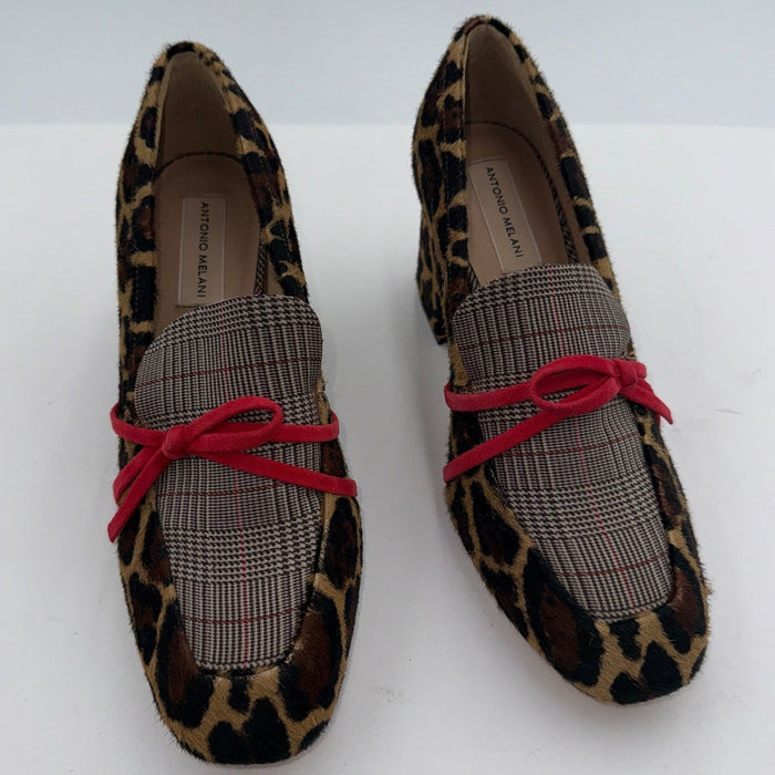 Antonio Melani leopard print sheared lamb fur flats with block heel in 9W size, featuring stylish animal print and comfortable design.