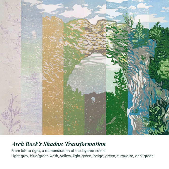 Arch Rock's Shadow Original Block Print.   Contemporary Mackinac Island art by Natalia Wohletz of Peninsula Prints.