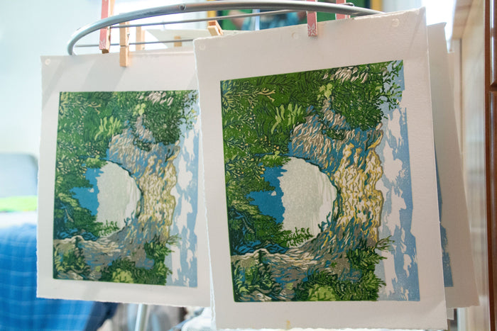 Arch Rock's Shadow Original Block Print.   Contemporary Mackinac Island art by Natalia Wohletz of Peninsula Prints.