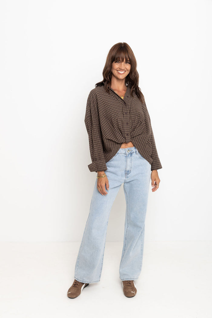 Arlo Cropped Tuck Check Shirt - Chocolate - The Self Styler