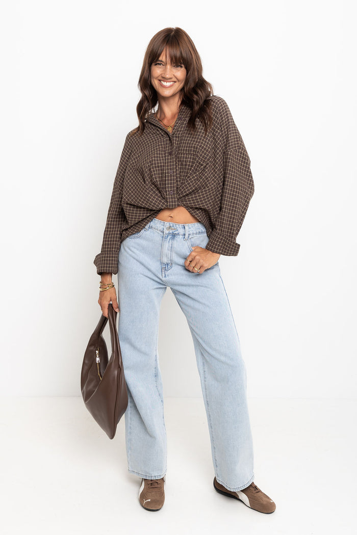 Arlo Cropped Tuck Check Shirt - Chocolate - The Self Styler