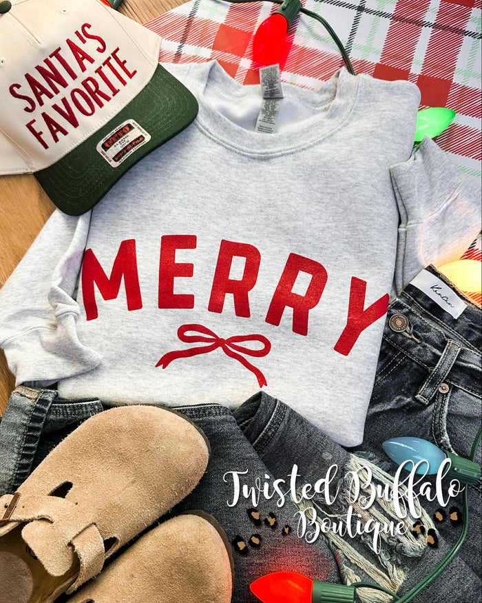 Ash Gray Sweatshirt {MERRY + RED BOW} Crew Neck Sweatshirt