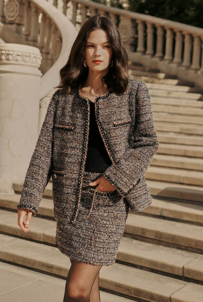 Petite Studio's Ashton Mini Wool Tweed Skirt in Charcoal