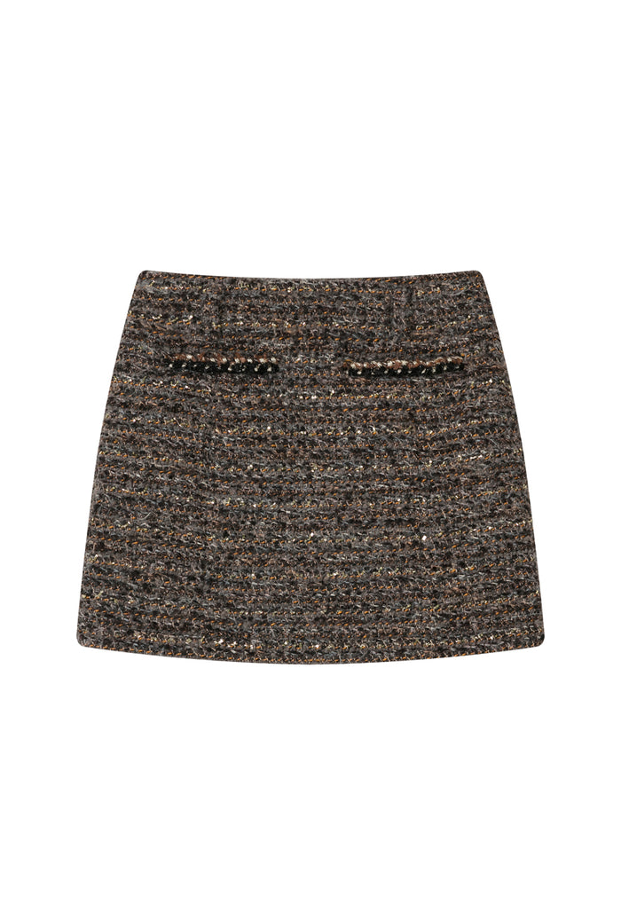 Petite Studio's Ashton Mini Wool Tweed Skirt in Charcoal