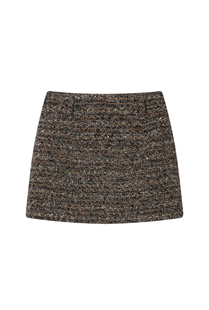 Petite Studio's Ashton Mini Wool Tweed Skirt in Charcoal