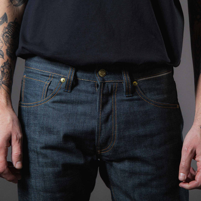 B-01 SLIM TAPERED 14 oz. green cast selvedge