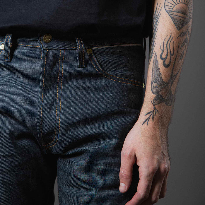 B-02 REGULAR STRAIGHT 14 oz. green cast selvedge
