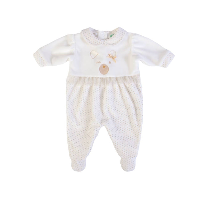 Baby onesie with white top and textured bottom on a white background