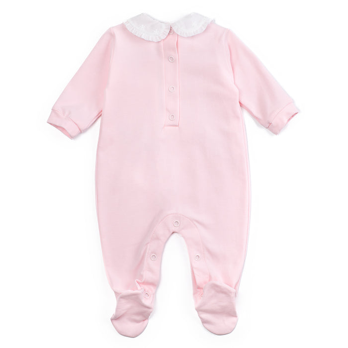 Pink baby onesie with white collar on a white background