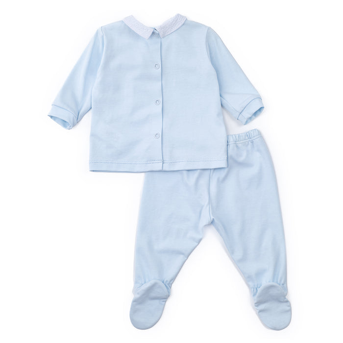 Light blue baby outfit with a jacket and pants on a white background