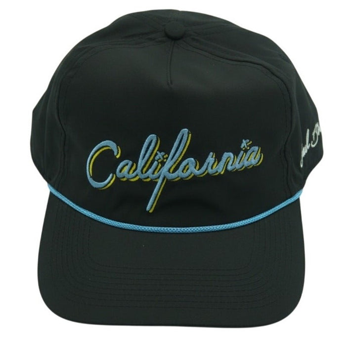 Bad Birdie California Rope Hat in black and blue with adjustable strap, featuring a stylish, casual design perfect for outdoor wear.